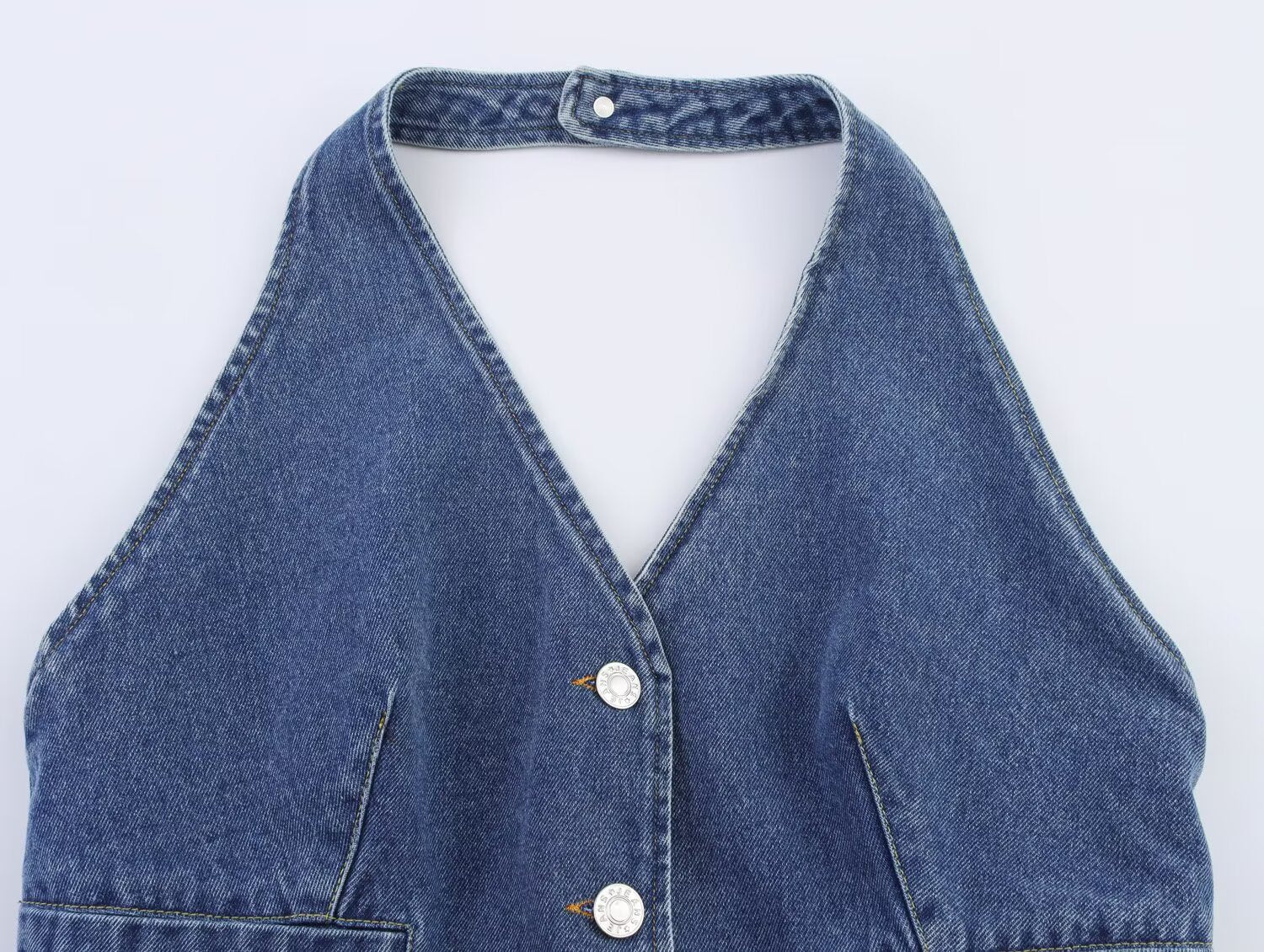 Women Clothing Summer V neck Single Breasted Denim Backless
