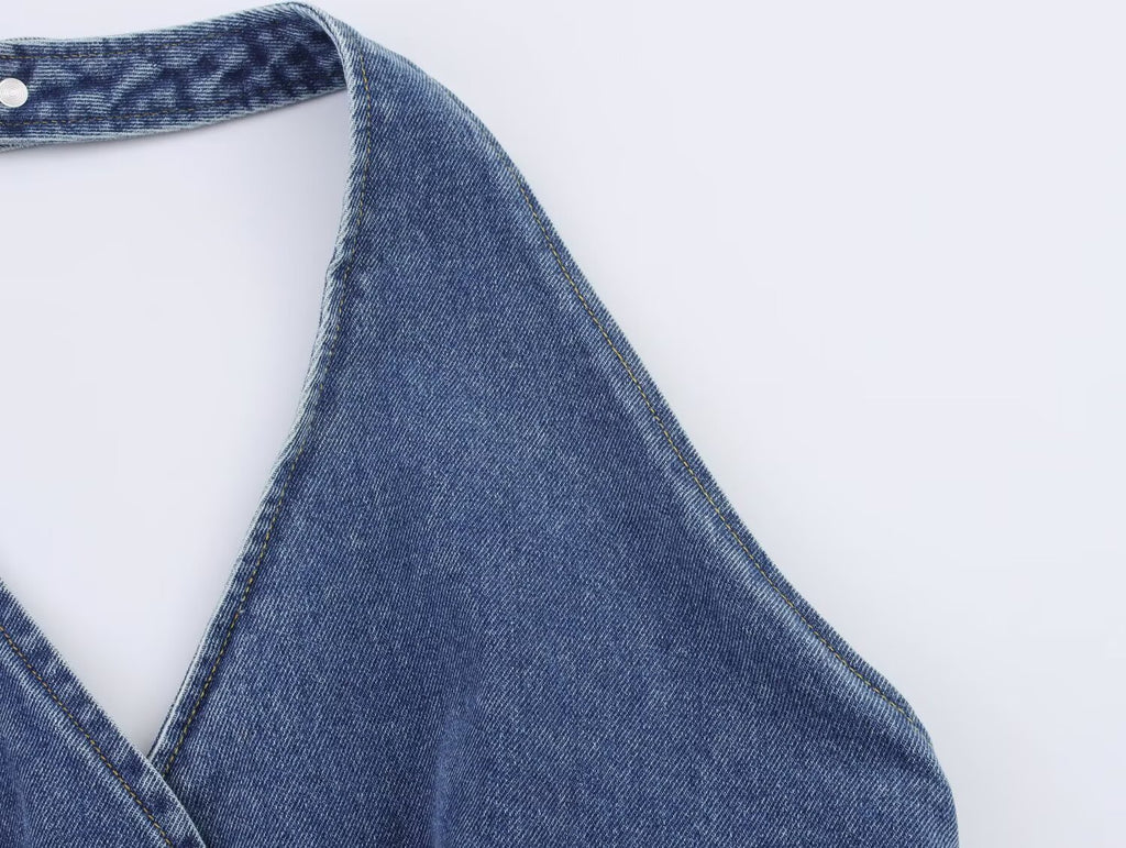 Women Clothing Summer V neck Single Breasted Denim Backless
