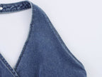Women Clothing Summer V neck Single Breasted Denim Backless