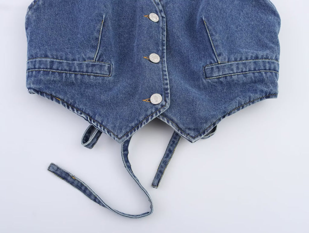Women Clothing Summer V neck Single Breasted Denim Backless