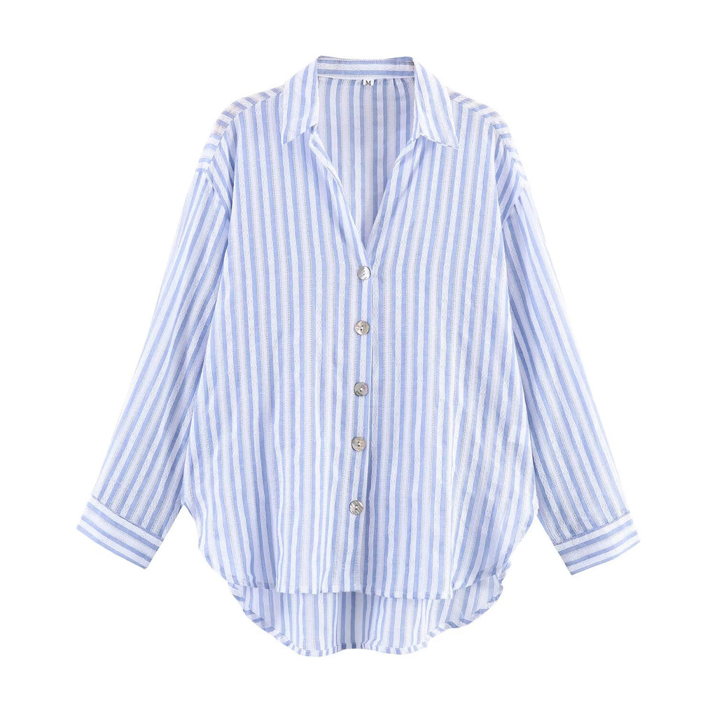 Spring Autumn Striped Single Breasted Collared Long Sleeve