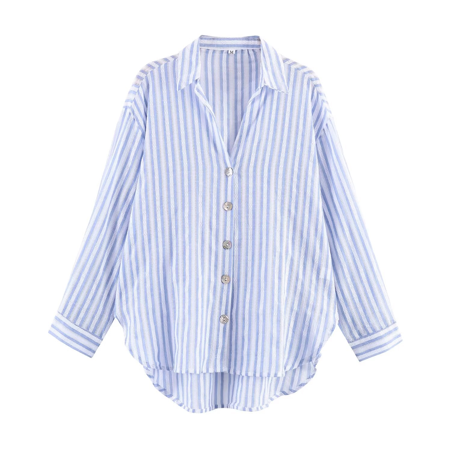 Spring Autumn Striped Single Breasted Collared Long Sleeve