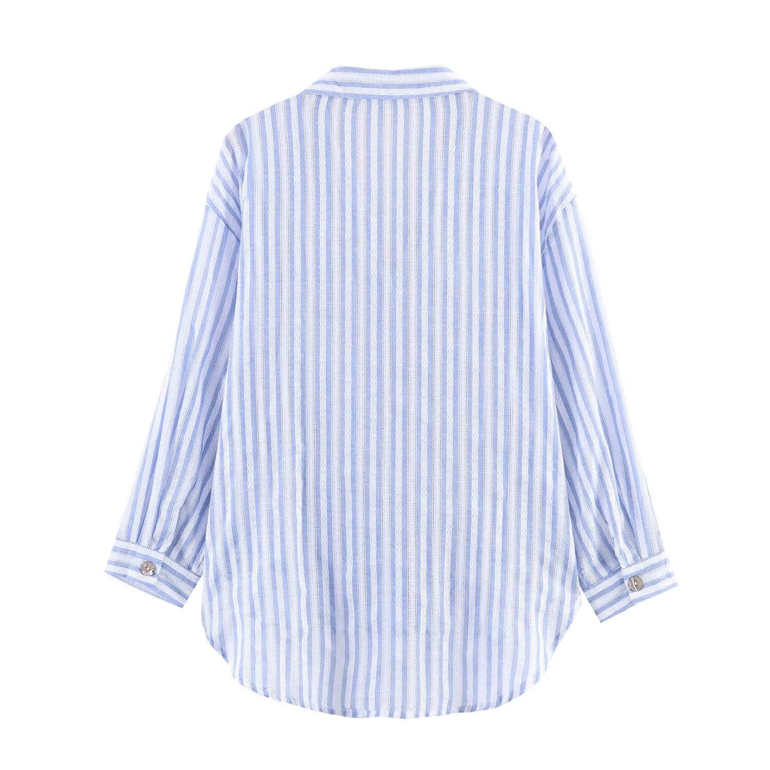 Spring Autumn Striped Single Breasted Collared Long Sleeve