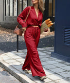 Women Clothing Western Waist Linen Shirt Wide Leg Pants Casual Two Piece Sets