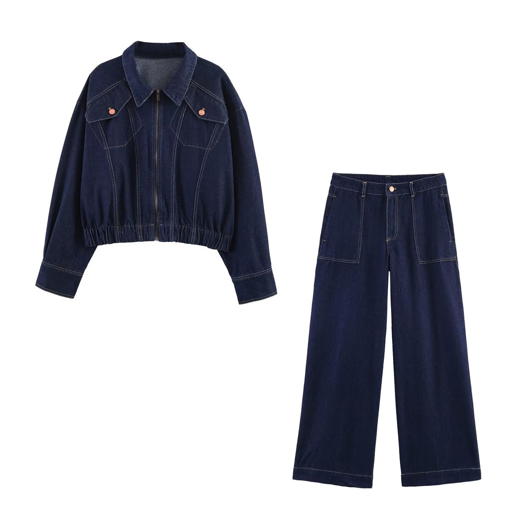 Women Clothing Long Sleeve Collared Denim Jacket Trousers