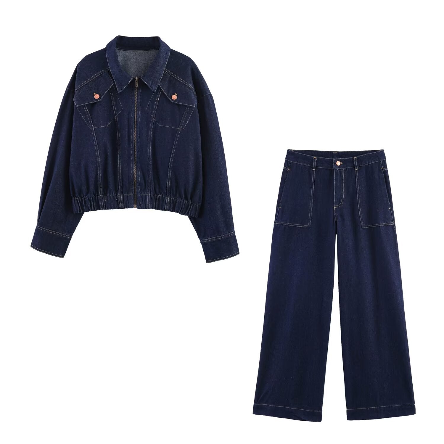 Women Clothing Long Sleeve Collared Denim Jacket Trousers