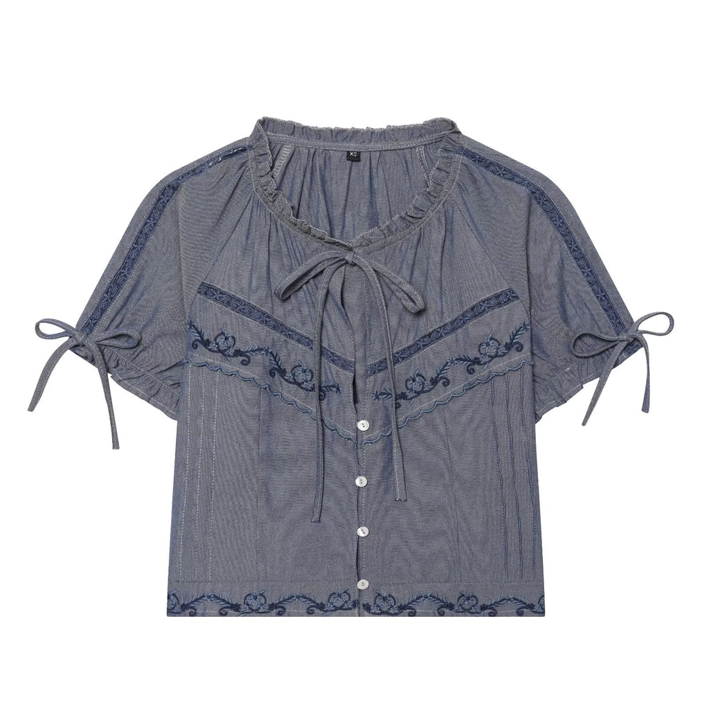 Women's Women Summer Casual Round Neck Puff Short Sleeve Bow Blouse