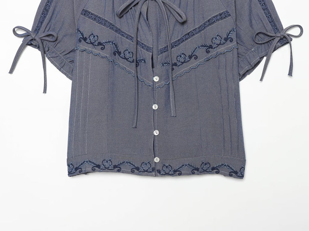 Women's Women Summer Casual Round Neck Puff Short Sleeve Bow Blouse