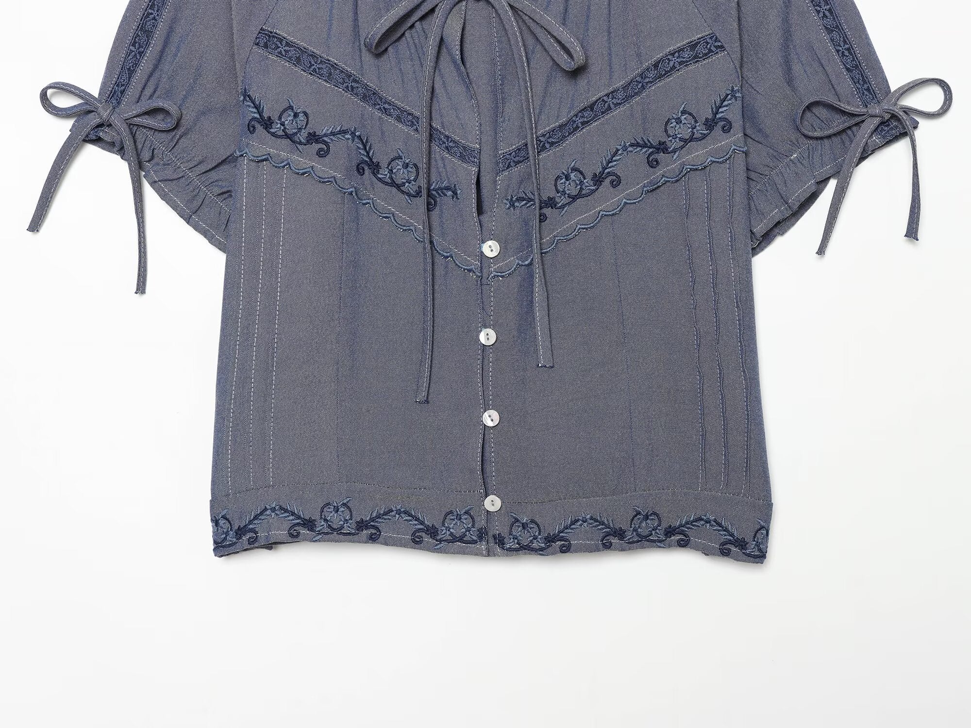 Women's Women Summer Casual Round Neck Puff Short Sleeve Bow Blouse