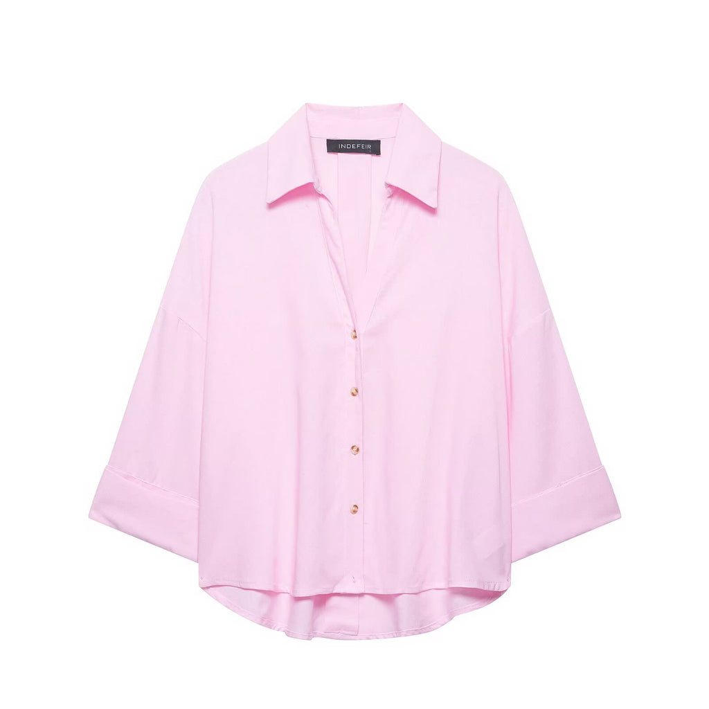 Women Clothing Summer Loose V neck Slimming 3/4 Sleeve Top