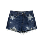 Women Clothing Summer Star Ornaments Mid Waist Ripped Denim