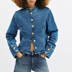 Women Clothing Top Product Denim Gold Plated Breasted Coat