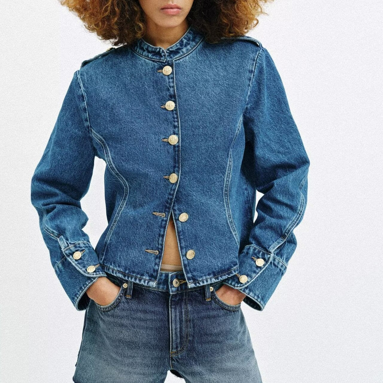 Women Clothing Top Product Denim Gold Plated Breasted Coat