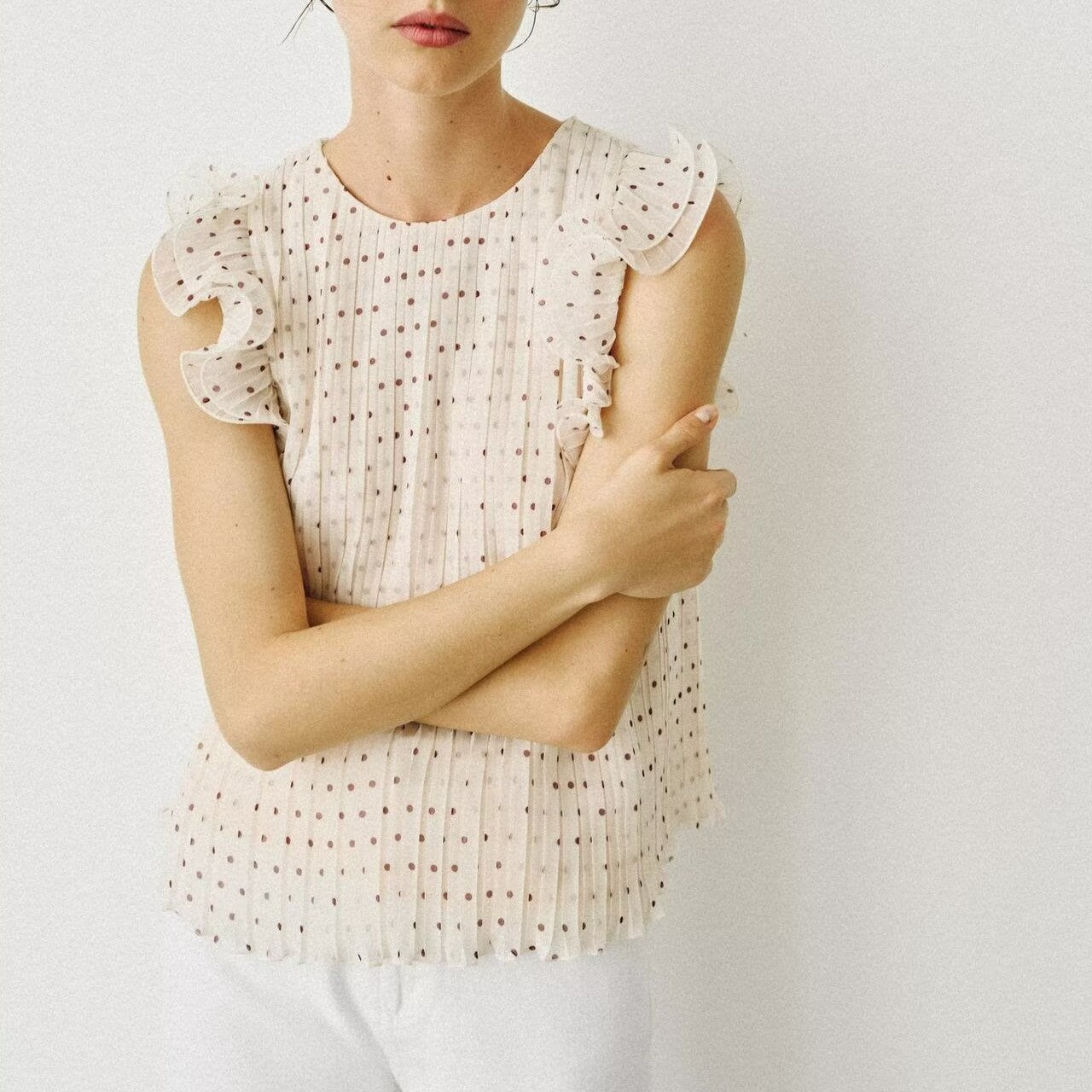 Women Clothing Summer Simple Polka Dot Laminated Decoration Sleeveless Top