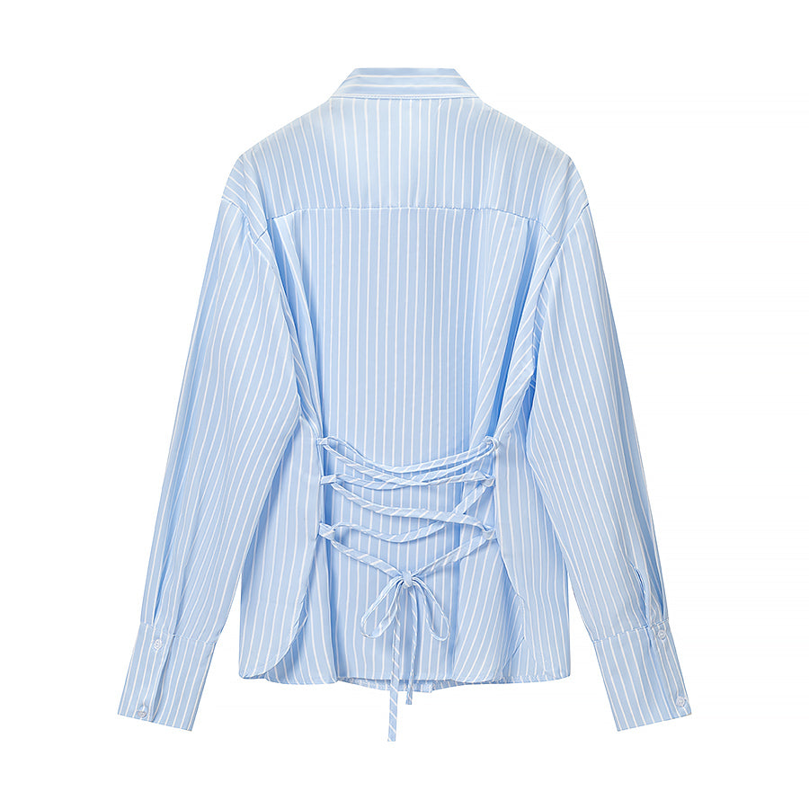 Blue Striped Shirt for Women French High Sense Bow Bandage