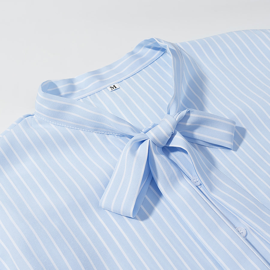 Blue Striped Shirt for Women French High Sense Bow Bandage