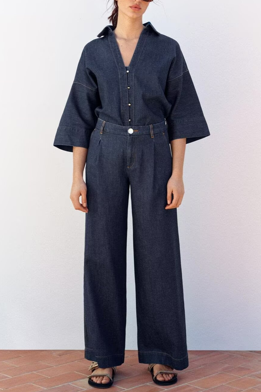 Summer Casual Women Collared Wide Sleeve Loose Denim Shirt
