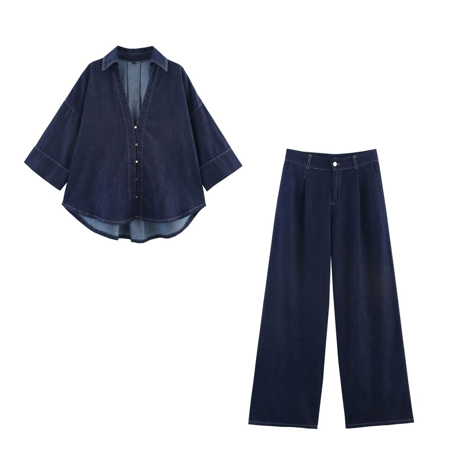 Summer Casual Women Collared Wide Sleeve Loose Denim Shirt