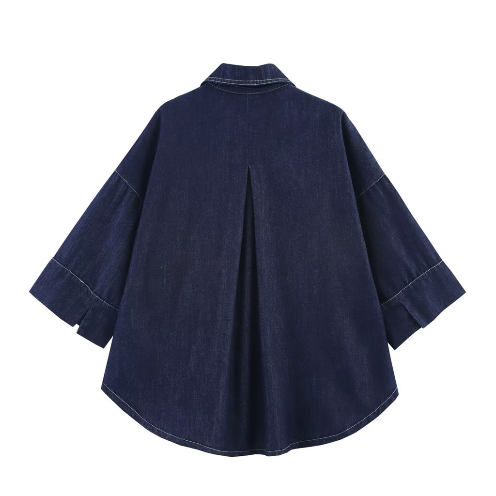 Summer Casual Women Collared Wide Sleeve Loose Denim Shirt