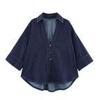 Summer Casual Women Collared Wide Sleeve Loose Denim Shirt
