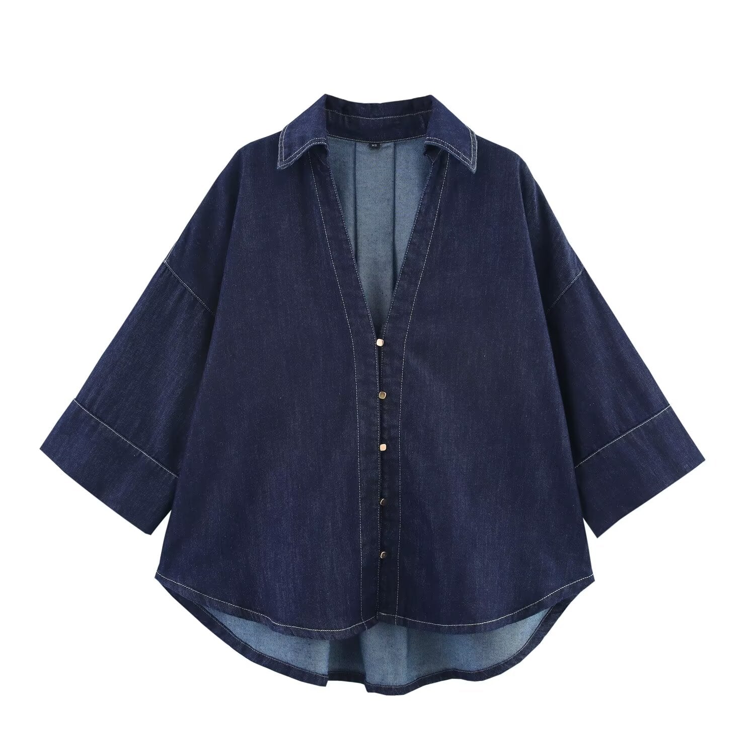Summer Casual Women Collared Wide Sleeve Loose Denim Shirt