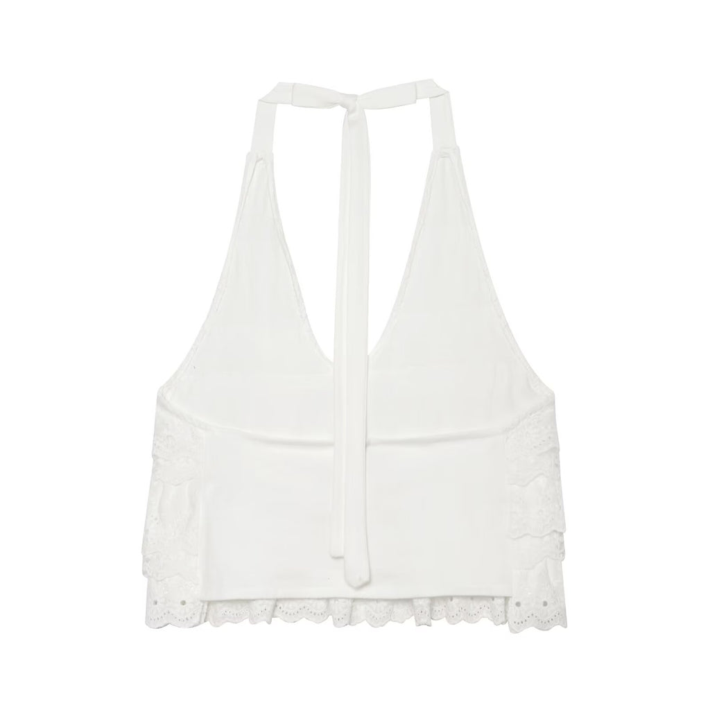 Sexy Halter Lace up Laminated Decoration Short Top Sling