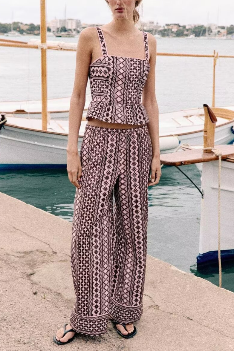 Women Clothing Summer Embroidered Waist Trimming Spaghetti Straps Top Wide Leg Pants