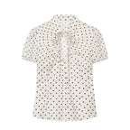 Spring Elegant Polka Dot Puff Sleeve Poplin Bowknot