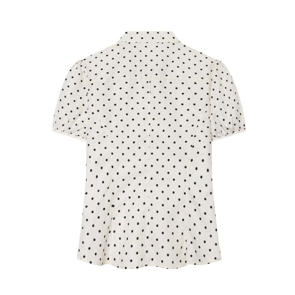 Spring Elegant Polka Dot Puff Sleeve Poplin Bowknot