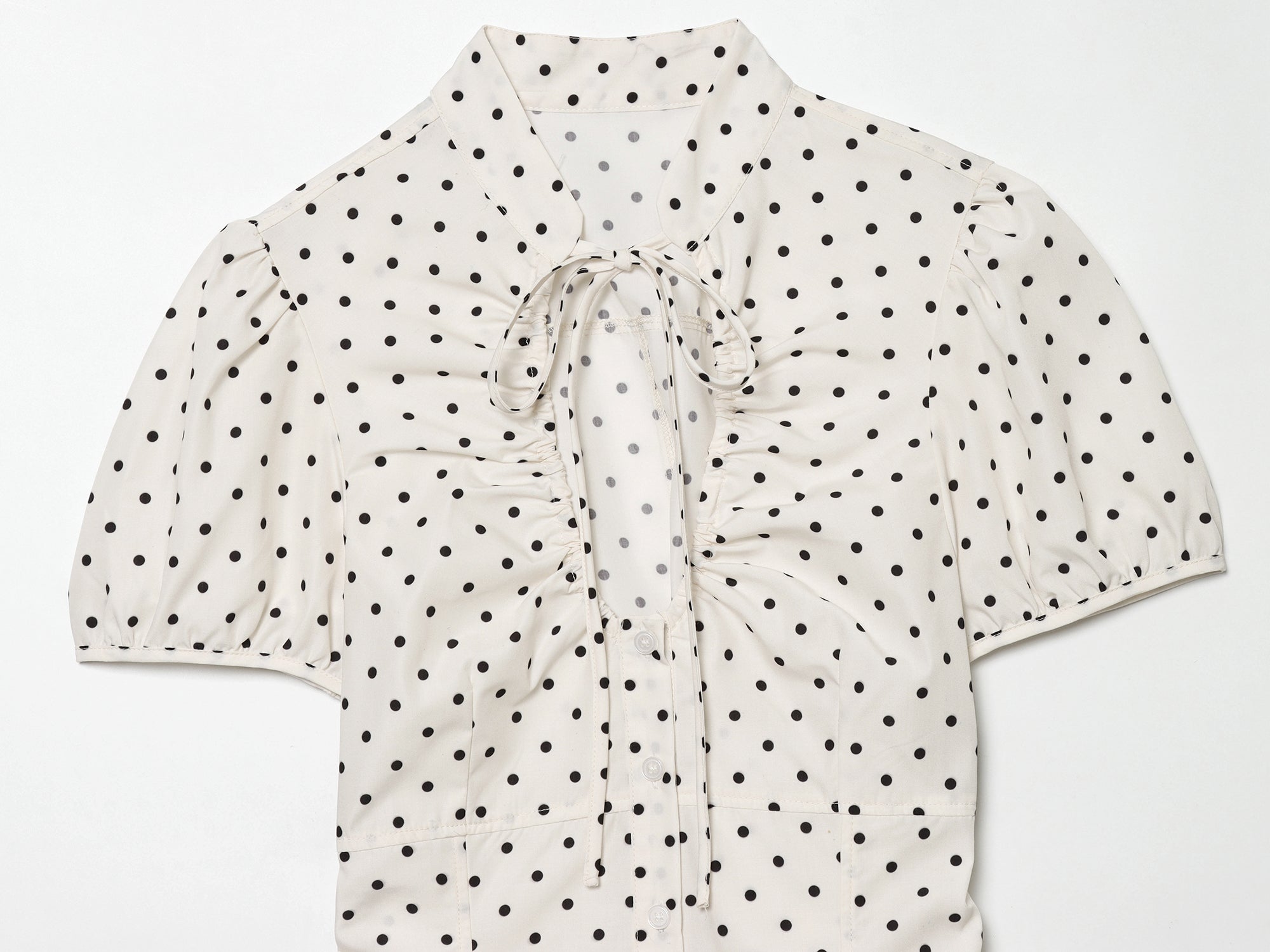 Spring Elegant Polka Dot Puff Sleeve Poplin Bowknot