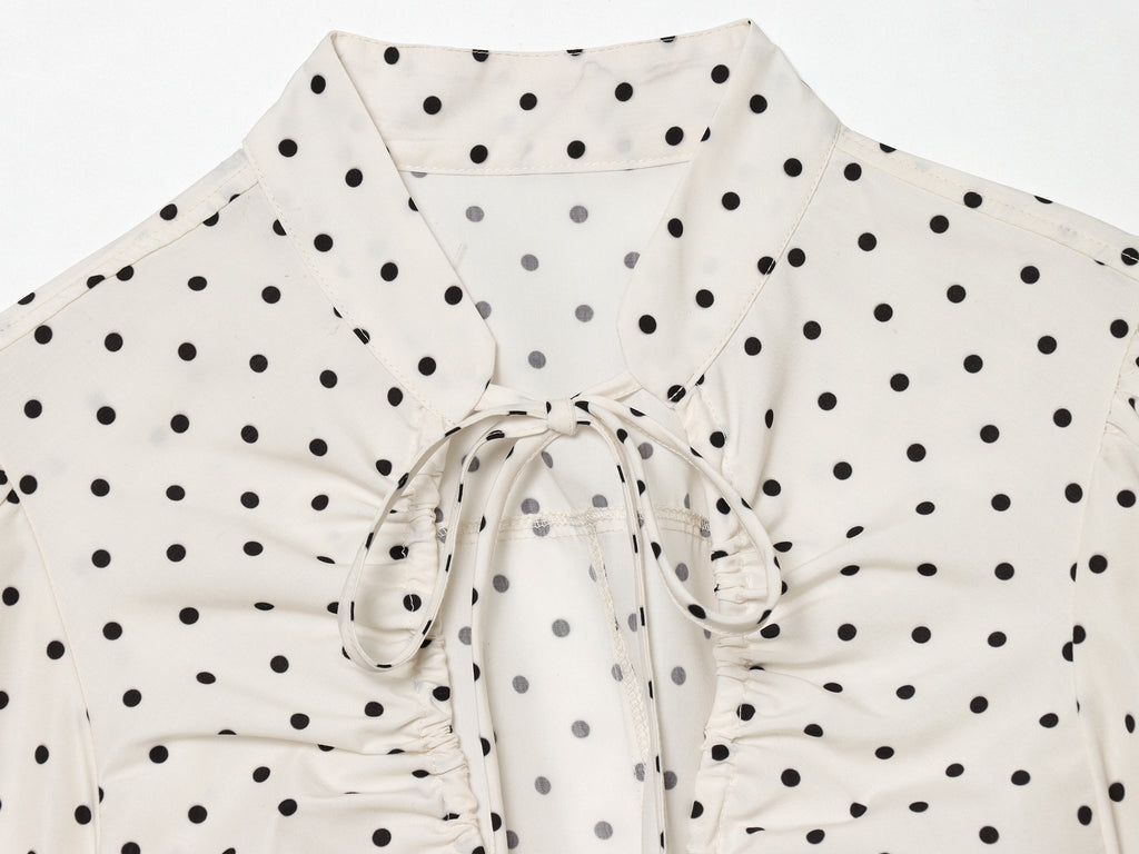 Spring Elegant Polka Dot Puff Sleeve Poplin Bowknot