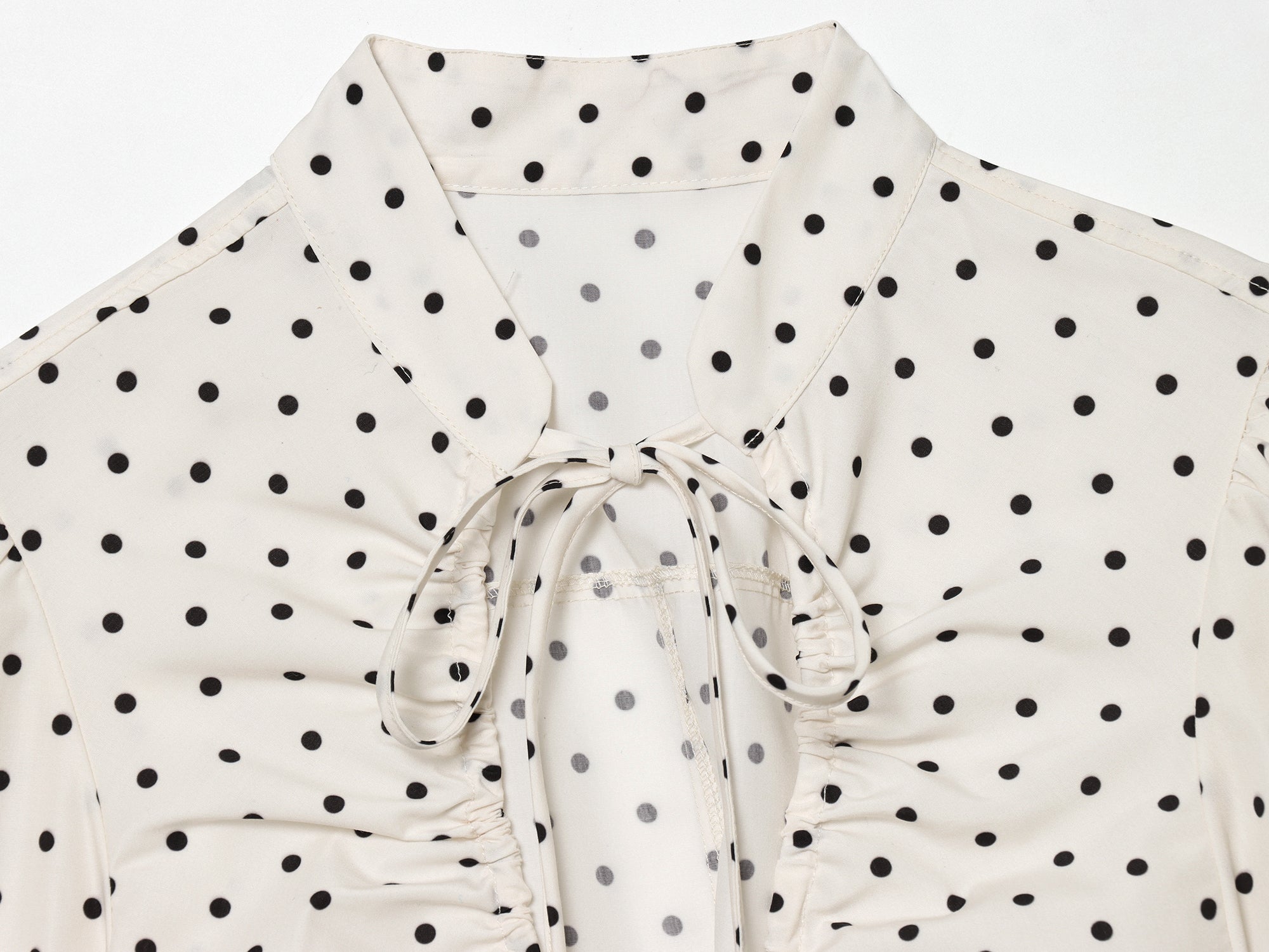 Spring Elegant Polka Dot Puff Sleeve Poplin Bowknot