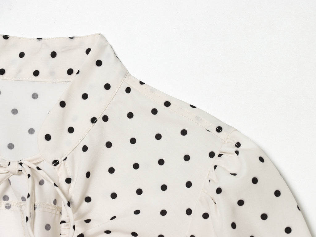 Spring Elegant Polka Dot Puff Sleeve Poplin Bowknot