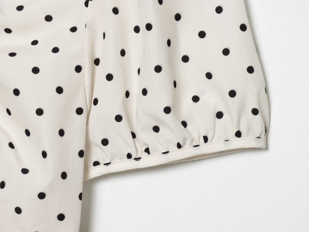 Spring Elegant Polka Dot Puff Sleeve Poplin Bowknot