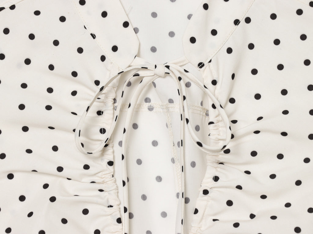 Spring Elegant Polka Dot Puff Sleeve Poplin Bowknot