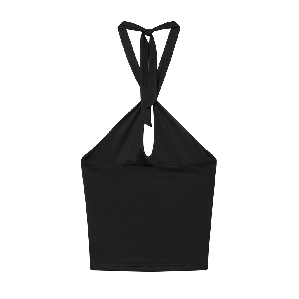 Women Clothing Summer Sexy Metal Buckle Halter Black Tie