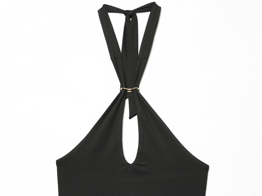 Women Clothing Summer Sexy Metal Buckle Halter Black Tie
