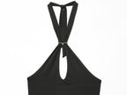 Women Clothing Summer Sexy Metal Buckle Halter Black Tie