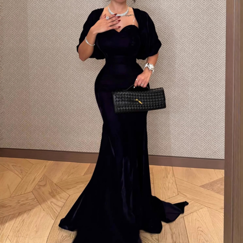 Velvet evening gown with draped cloak, short sleeves, fishtail hem; dark purple