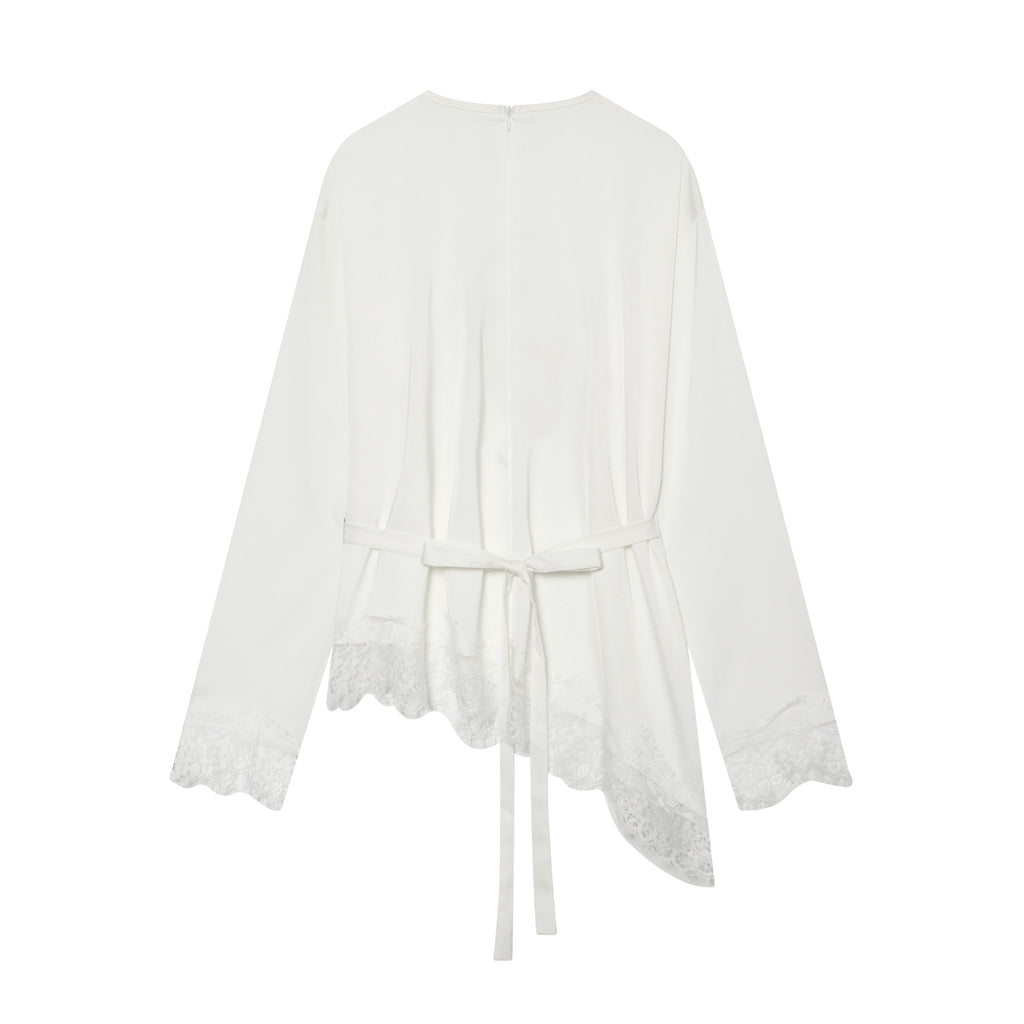 Asym Long Sleeved T shirt round Neck Lace Stitching Tied