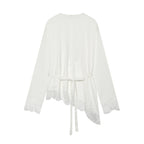 Asym Long Sleeved T shirt round Neck Lace Stitching Tied
