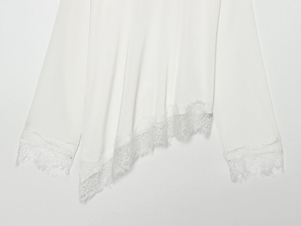 Asym Long Sleeved T shirt round Neck Lace Stitching Tied