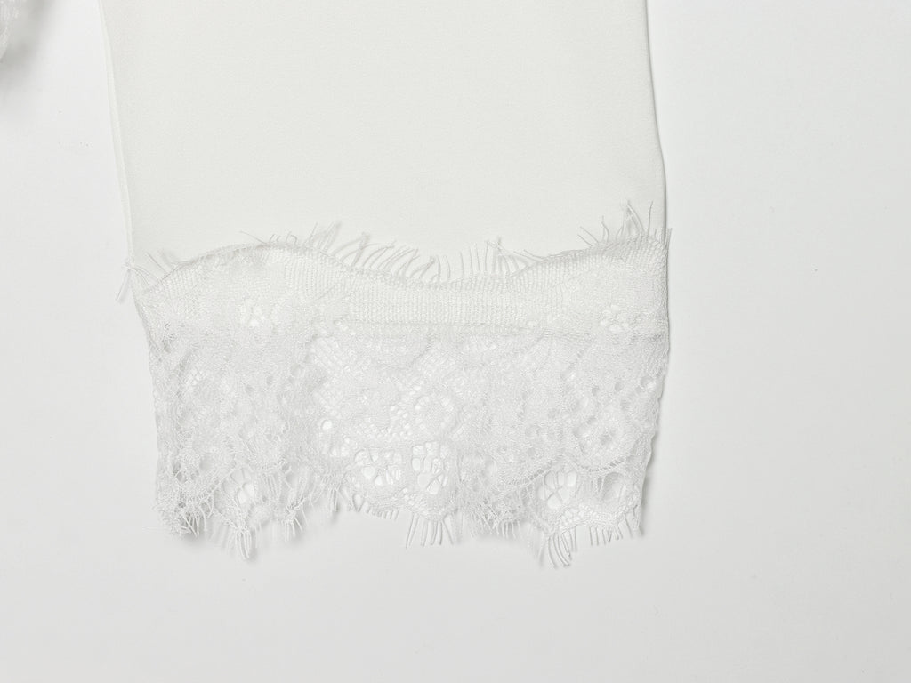 Asym Long Sleeved T shirt round Neck Lace Stitching Tied