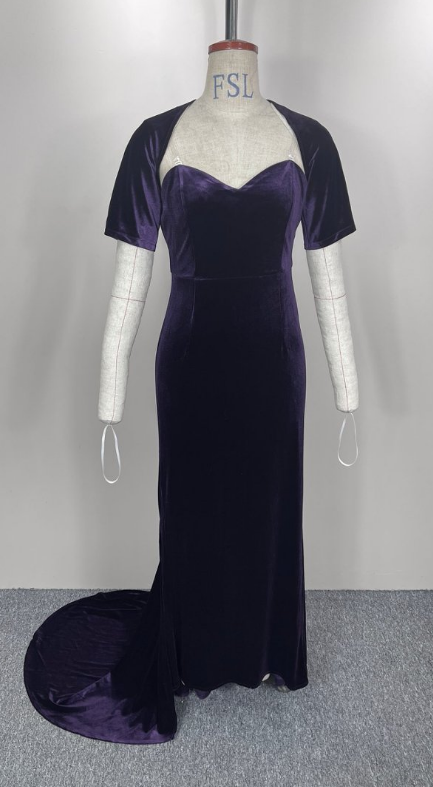 Velvet fishtail gown with spaghetti straps, draped shoulder cloak; dark purple
