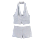 Women Backless Halter Vest Top Mid Waist Mini Striped