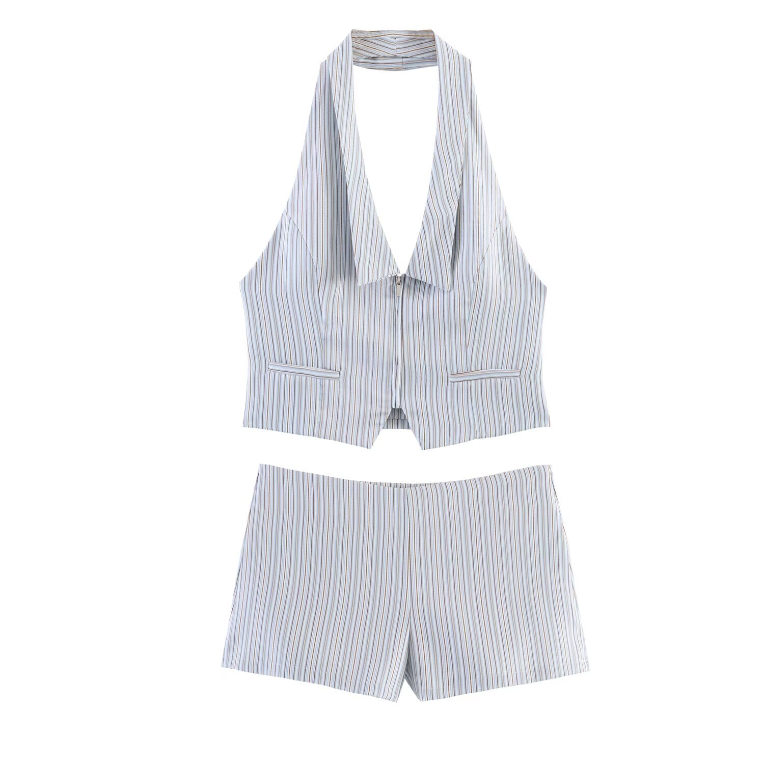 Women Backless Halter Vest Top Mid Waist Mini Striped
