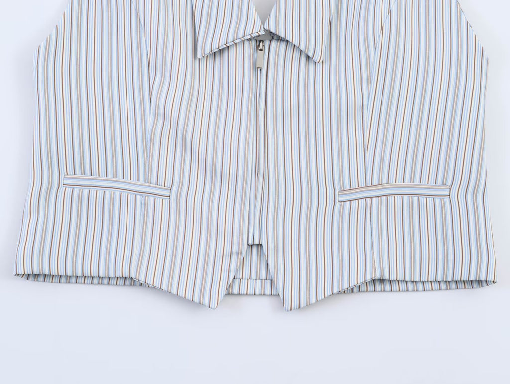 Women Backless Halter Vest Top Mid Waist Mini Striped