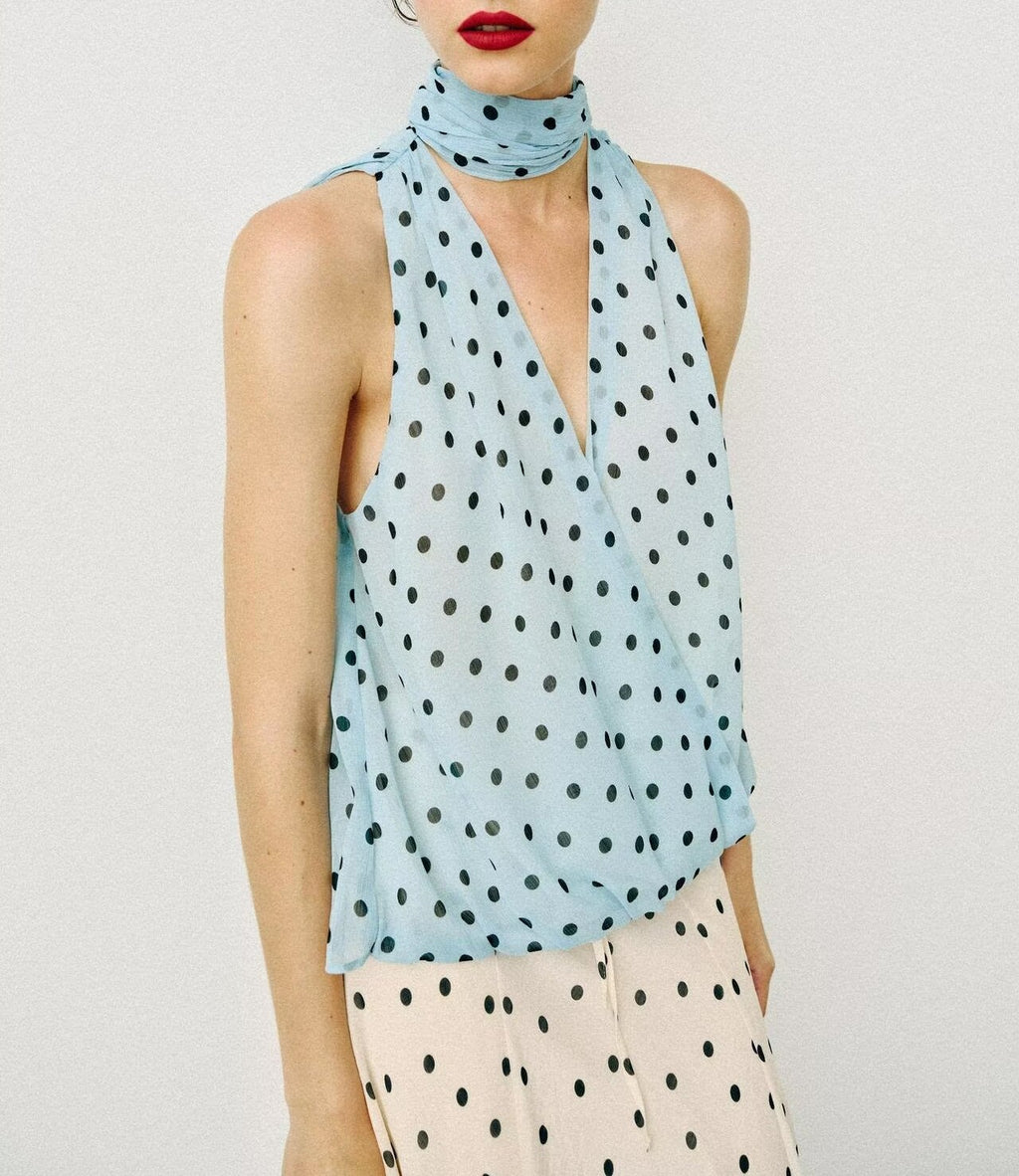 Women Clothing Retro Polka Dot Bow Collar Sleeveless Top