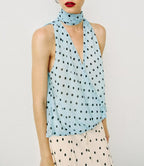 Women Clothing Retro Polka Dot Bow Collar Sleeveless Top