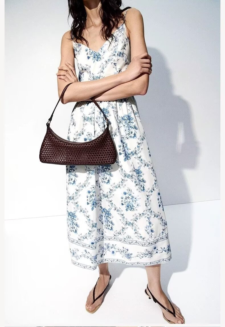Women's slip dress, sleeveless V-neck with blue floral print midi skirt